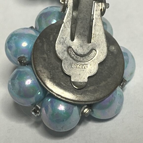 VTG Blue Faux Pearl Cluster Clip On Earrings Japan Silver Tone 1" - Picture 11 of 15